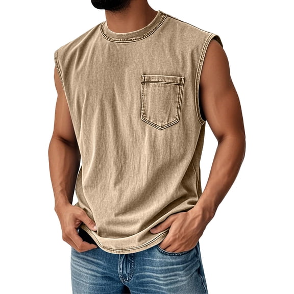 Lumtrix Men's Sleeveless Shirts Workout Distressed Tank Tops Muscle Summer Beach Casual Oversized Tee with Pocket Khaki 4XL