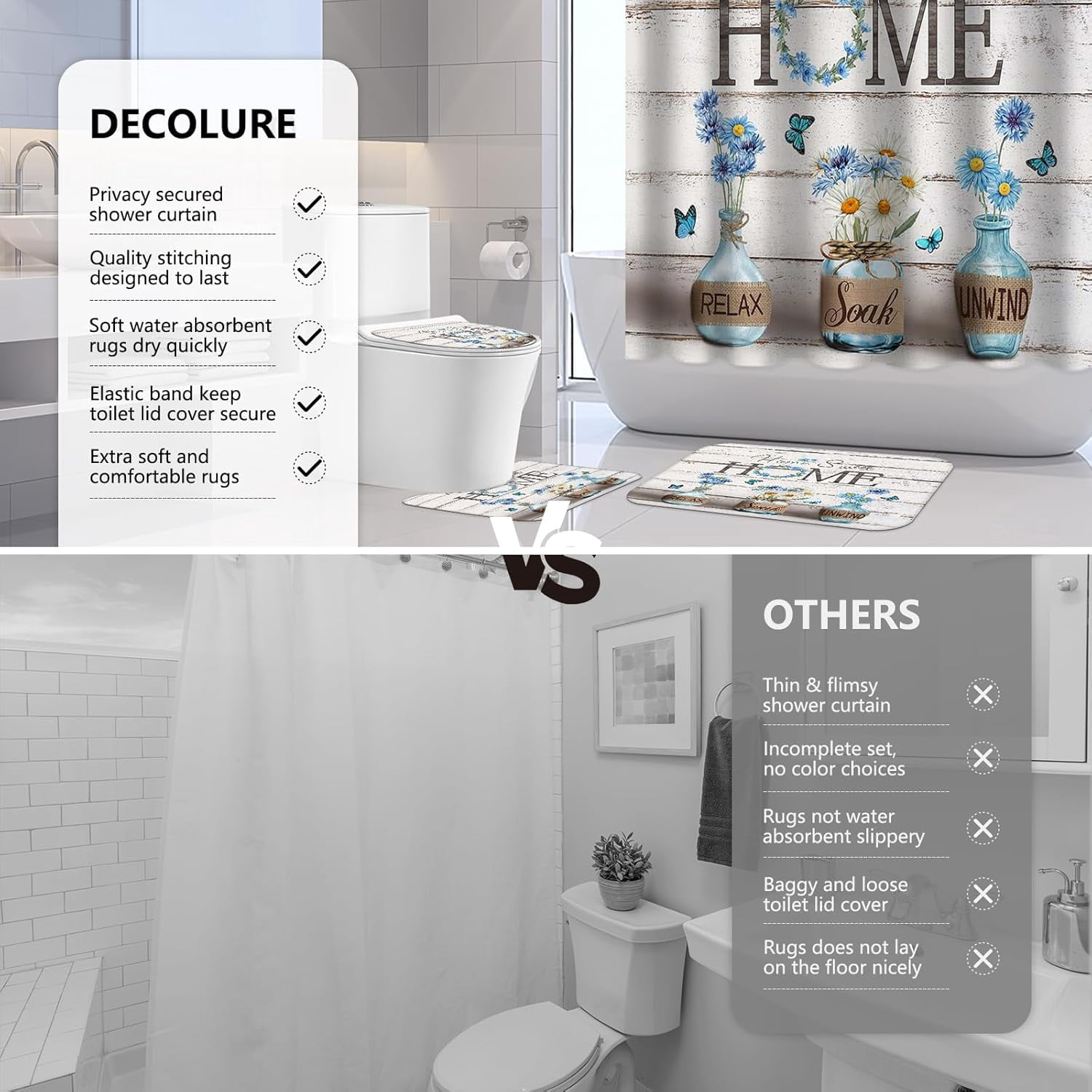 4PCS Farmhouse Shower Curtain Sets for Bathroom, Green Eucalyptus Rustic Bathroom Set with Shower Curtain and Rugs, Country Style Home Sweet Home Vintage Bathroom Decor Accessories