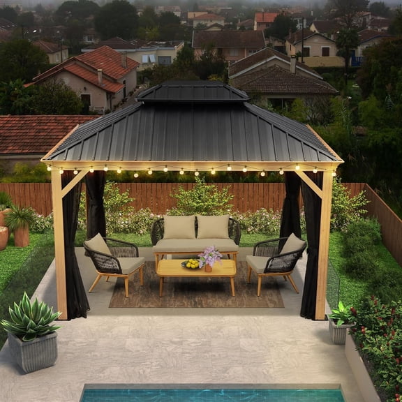 PURPLE LEAF 10' X 12' Outdoor Hardtop Gazebo for Patio Galvanized Steel Double Roof Permanent Canopy Teak Finish Coated Aluminum Frame Pavilion Gazebo with Light