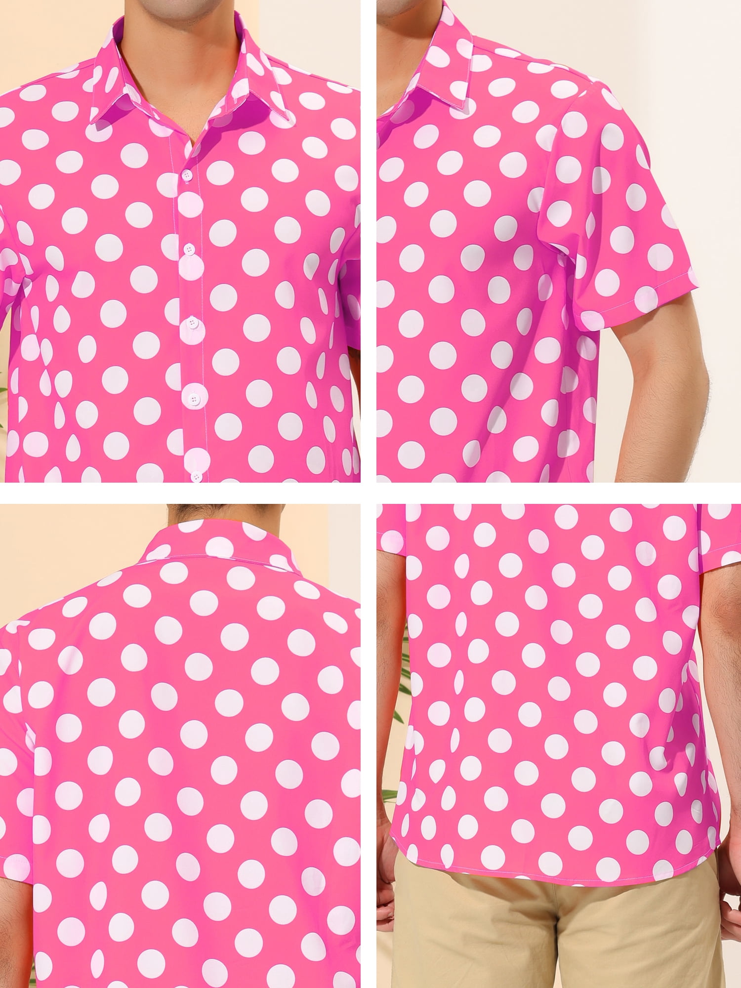 Unique Bargains Men's Summer Polka Dots Shirt Button Down Short Sleeves Shirts S Pink