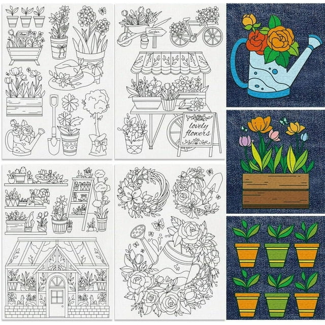 17Pcs Garden Plants and Flowers Embroidery Pattern Stabilizer 8.3"x11.7" Flower Rack Water Soluble Stick and Stitch Embroidery Sticker 4 Sheets Garden Tools Hand Sewing DIY Embroidery Paper