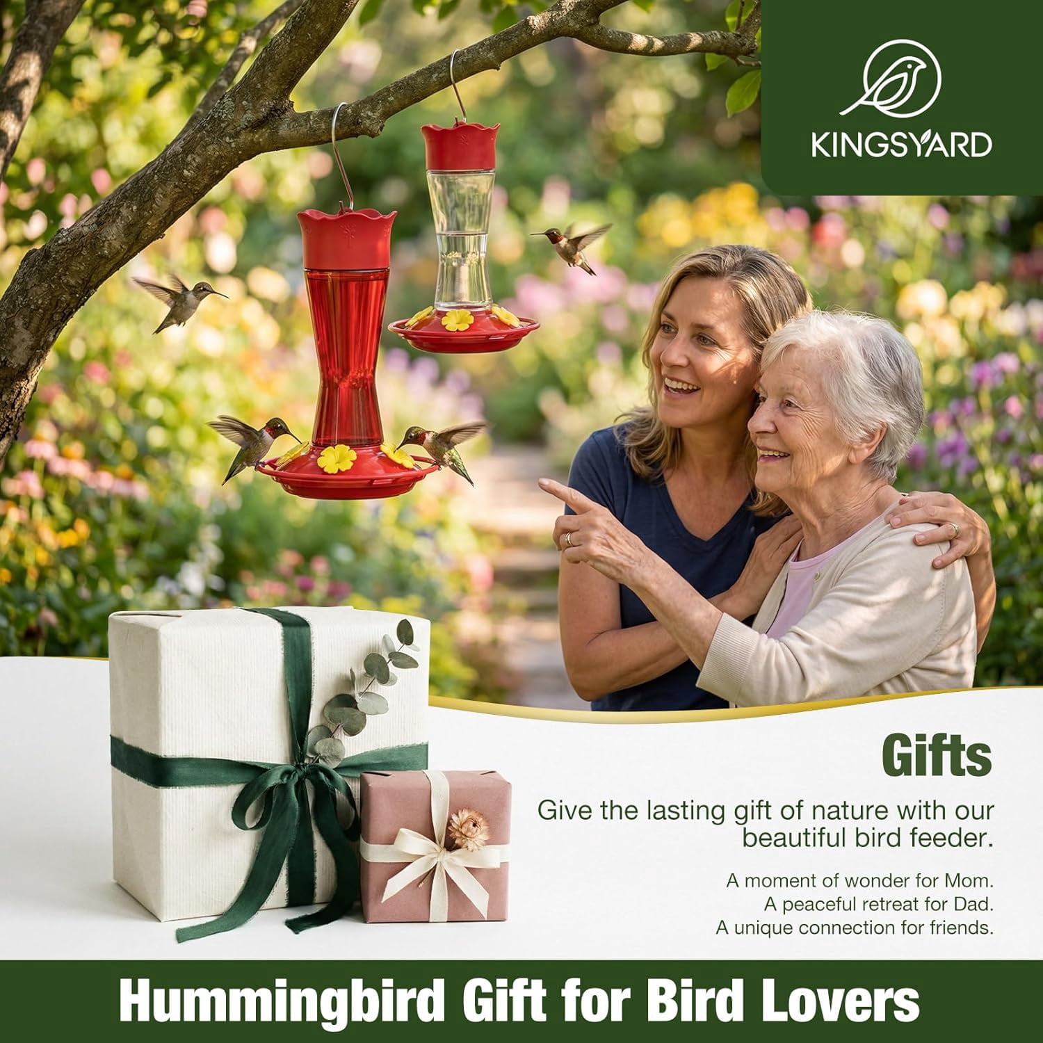 Glass Hummingbird Feeder for Outdoors Hanging, 10 oz Leak-Proof Humming Bird Feeders with Ant Moat & Bee Proof Feeding Ports, Hummingbird Gift for Bird Lovers (Clear)