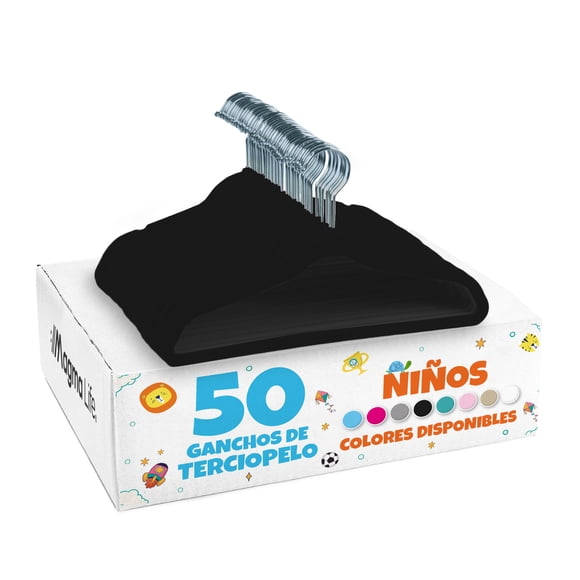 MAGMALIFE 50 Ganchos de Terciopelo para Ropa Infantil, Gancho Plateado Giratorio de 360 Grados, Adecuado para Todo Tipo de Ropa, Antideslizante, 35 cm de Largo (Negro)