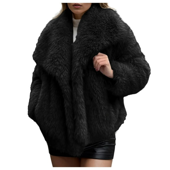 YDFCWXW Women's Fluffy Fur Jacket Long Sleeve Lapel Furry Winter Jackets Shaggy Parka Short Coat Black, S
