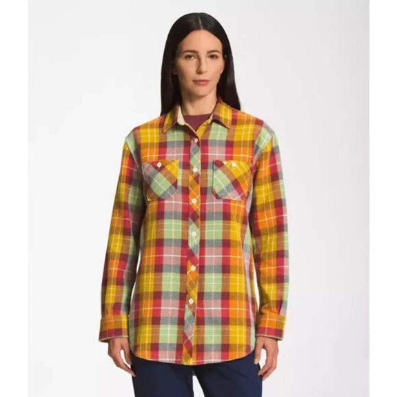 The North Face Valley Twill Shirt Womens Medium Orange Plaid Button Up ASM123
