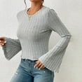thumbnail image 2 of biudgviw Fall Shirts for Women Flare Long Sleeve Ribbed Trendy Tops Crew Neck Solid Color Slim Fit Work Office Blouses, 2 of 5