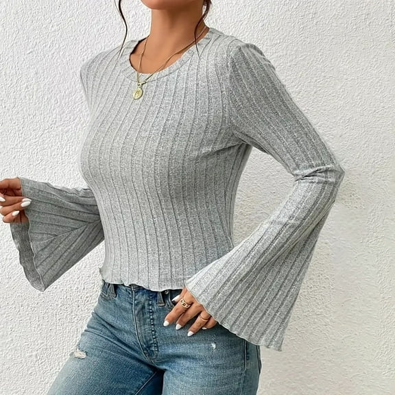 Njoeus Women's Holiday Blouses, Women's Casual Bell Long Sleeve Ribbed T-Shirt Knit Sweater Round Neck Ladies Basic Tops Blouse