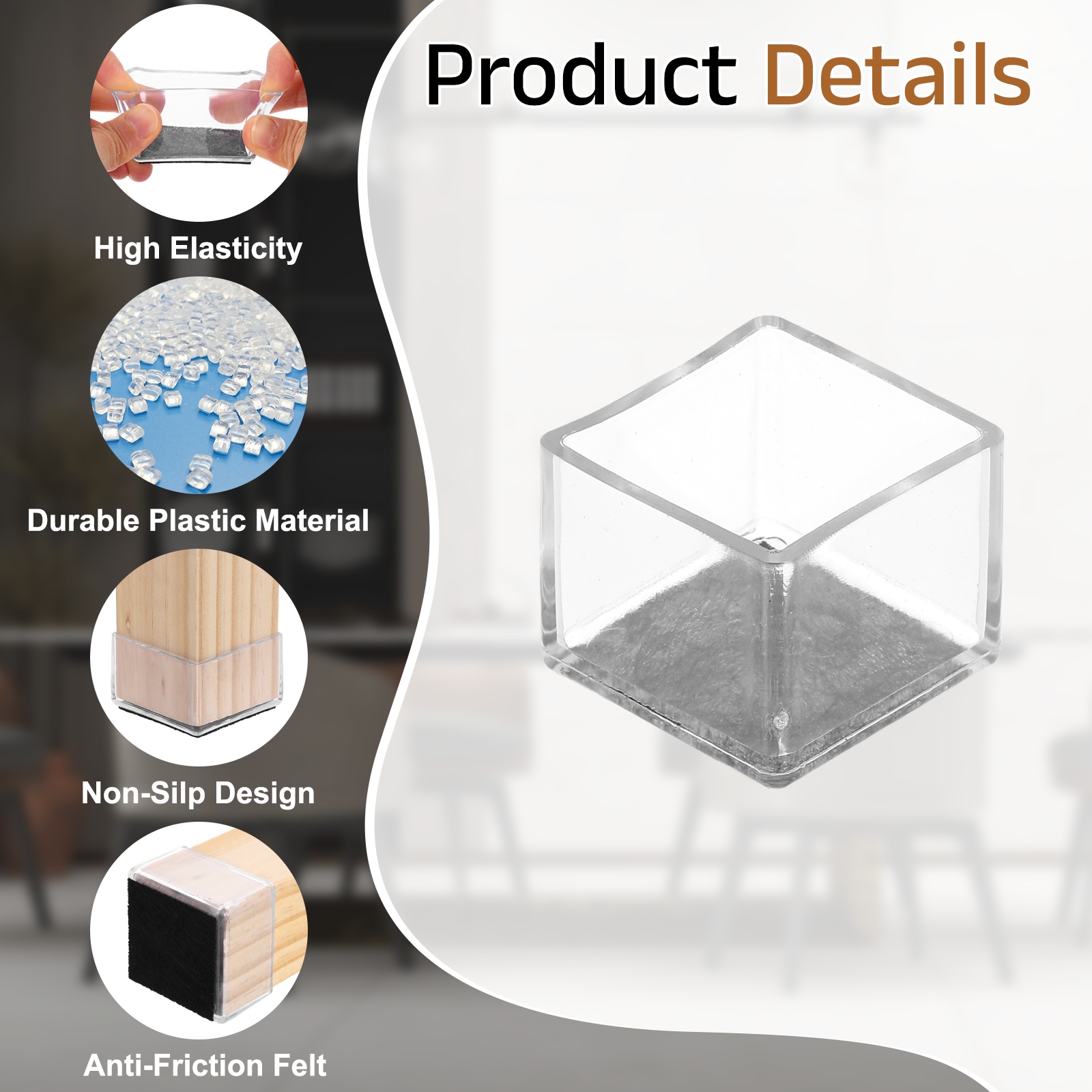 Uxcell 28Pcs Square Chair Leg Protectors, 1.18" & Felt Furniture Chair Leg Cover Caps for Hardwood Floors Elastic Scratch Reduce Noise Covers Furniture Pads, Clear Black