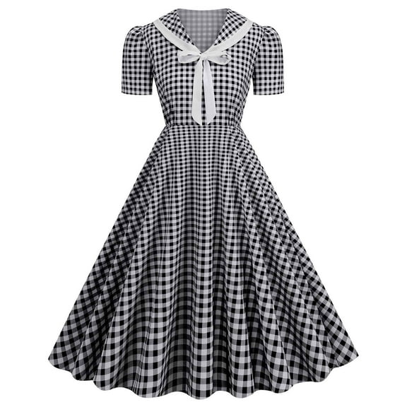 YYDGH Women 50s 60s Vintage Dress V Neck Bow Tie Short Sleeve Plaid Cocktail Swing Dress 1950s Audrey Rockabilly Prom Party Dresses Black XXL