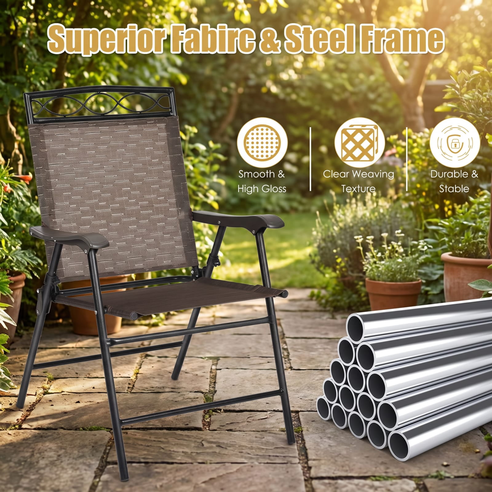 Furnibear Patio Folding Chairs Set of 4, Steel Frame, Black, 250 lbs Capacity per Chair, Weather-Resistant Outdoor Furniture