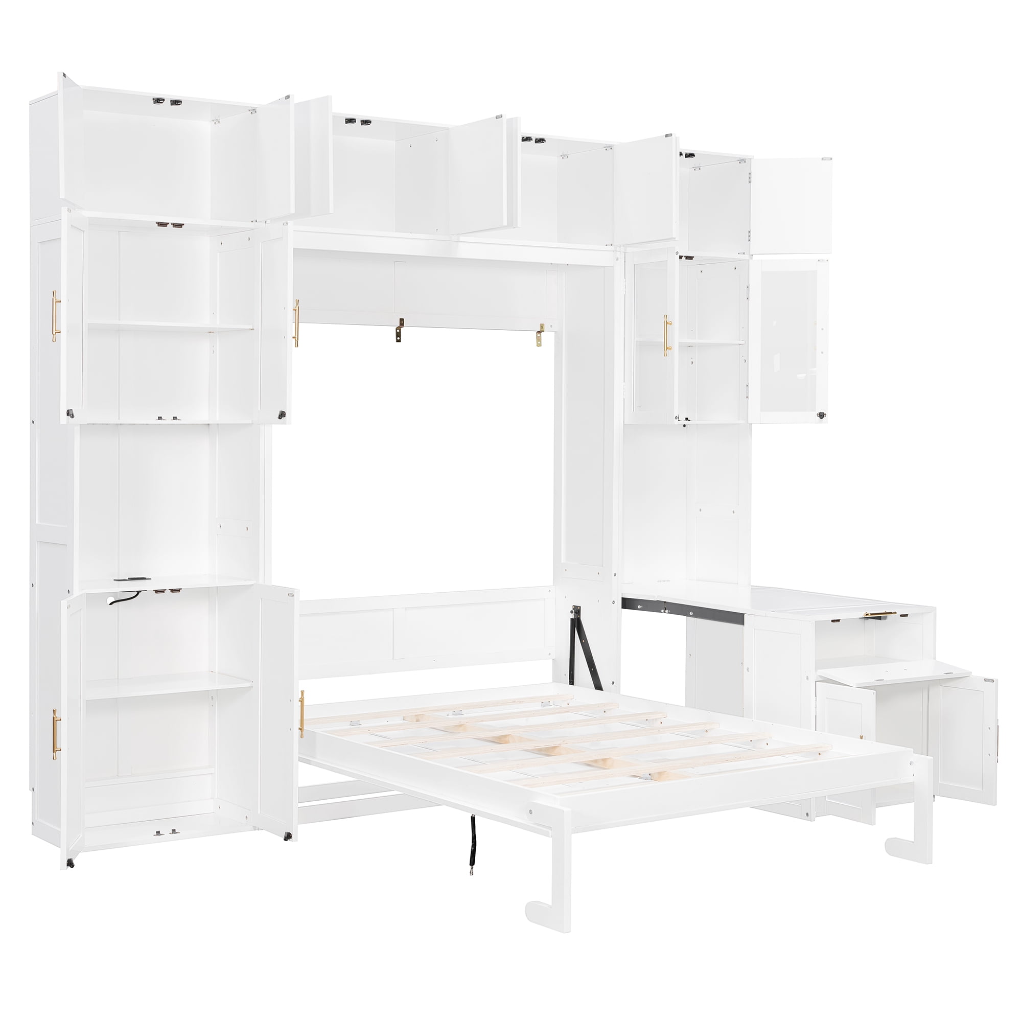 Full Size Murphy Bed with Storage Hutch, Writing Desk, USB, LED Lighted for Small Space, Guest Room