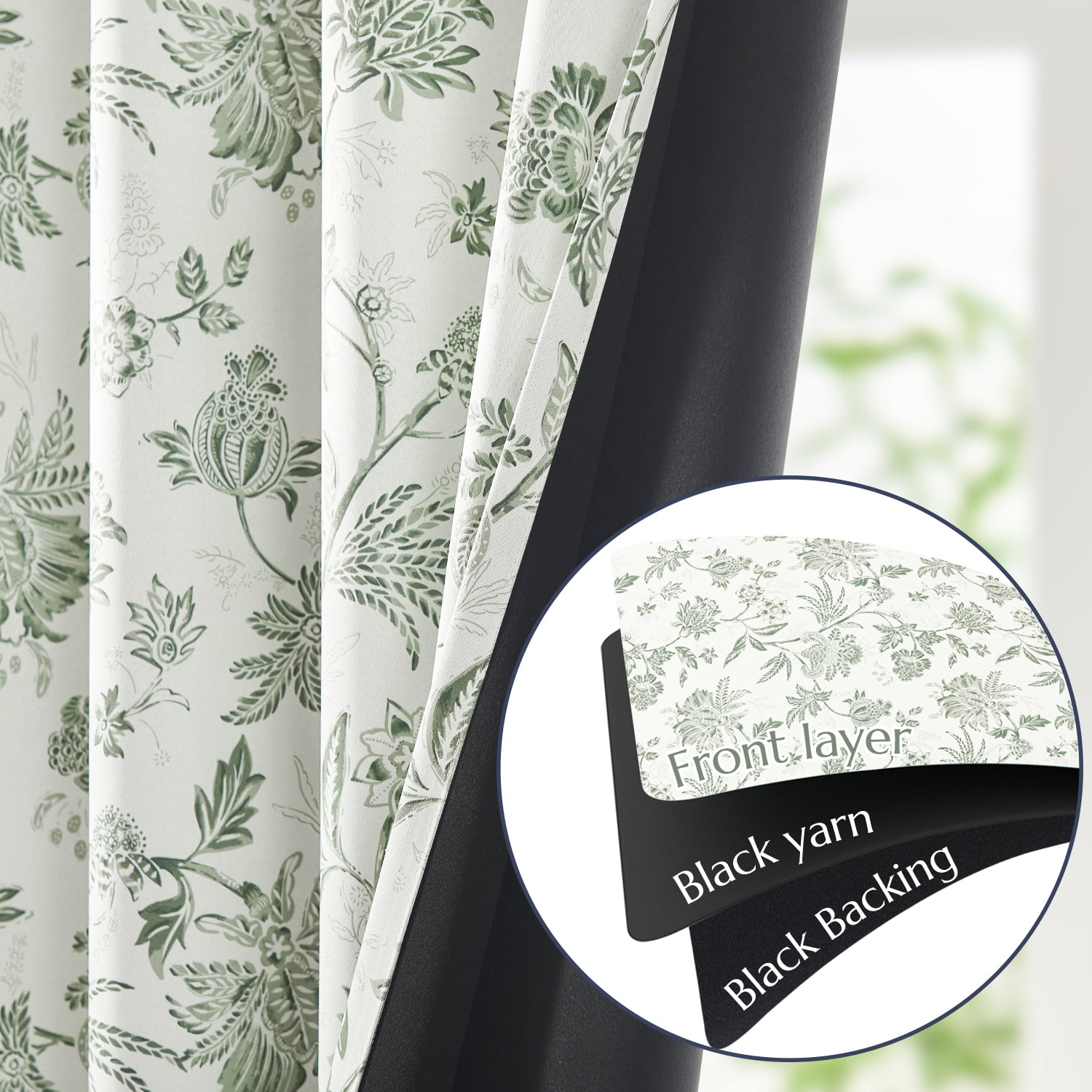 Curtainking Luxury Look Farmhouse Green Floral Print Rod Pocket Blackout Curtains, 84" (2 Panels)