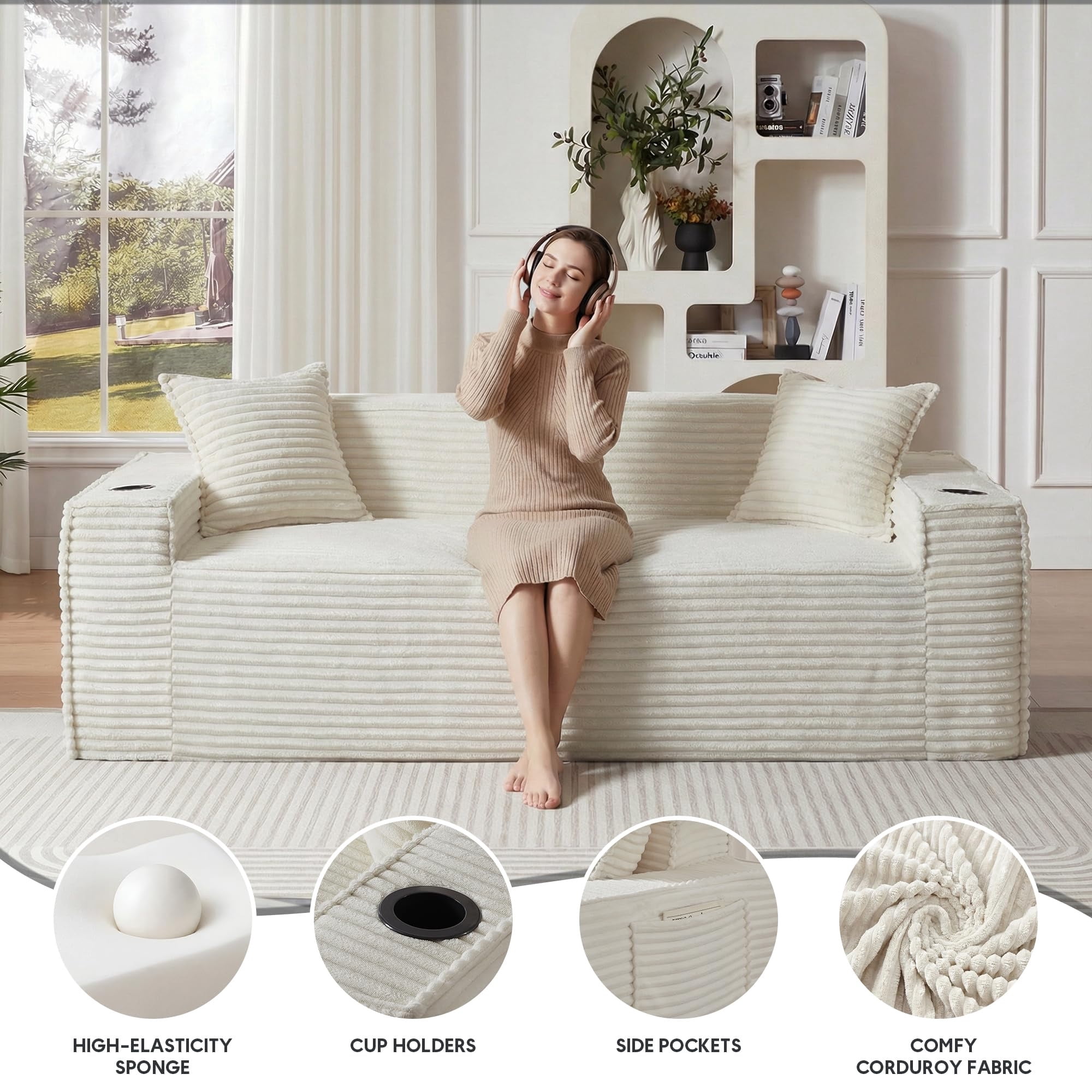 Aukfa 3 Piece Boneless Couch Set, 81" 3 Seat Cloud Sofa for Living Room, 2 Cup Holders&Storage Pocket, Corduroy, White