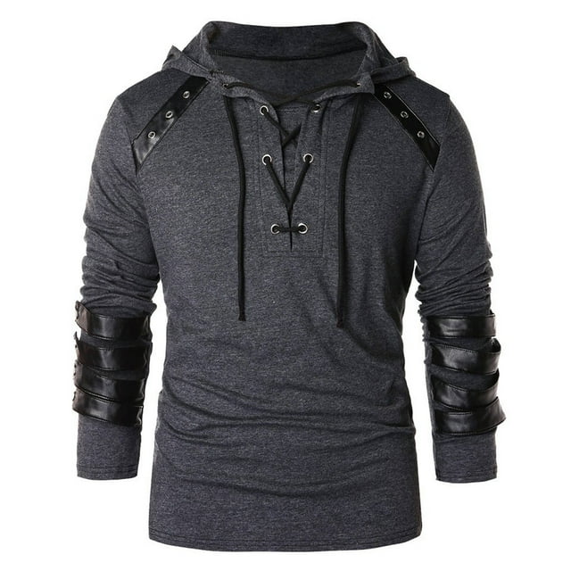 MIASHUI Sweat à Capuche Rétro pour Hommes, Panneau en Cuir, Lacé sur la Poitrine, Cordon de Serrage Réglable, Manches Longues, Gris Foncé, L
