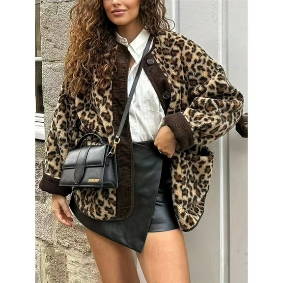 Women's Retro Fashion Leopard Print Coat for Autumn and Winter Warmth Imitation Lambskin Casual Button Jacket