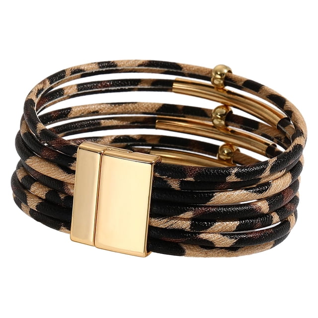 Pulsera de leopardo para mujer, fácil de usar, brazalete versátil, pulsera envolvente de cuero sintético. Café leopardo