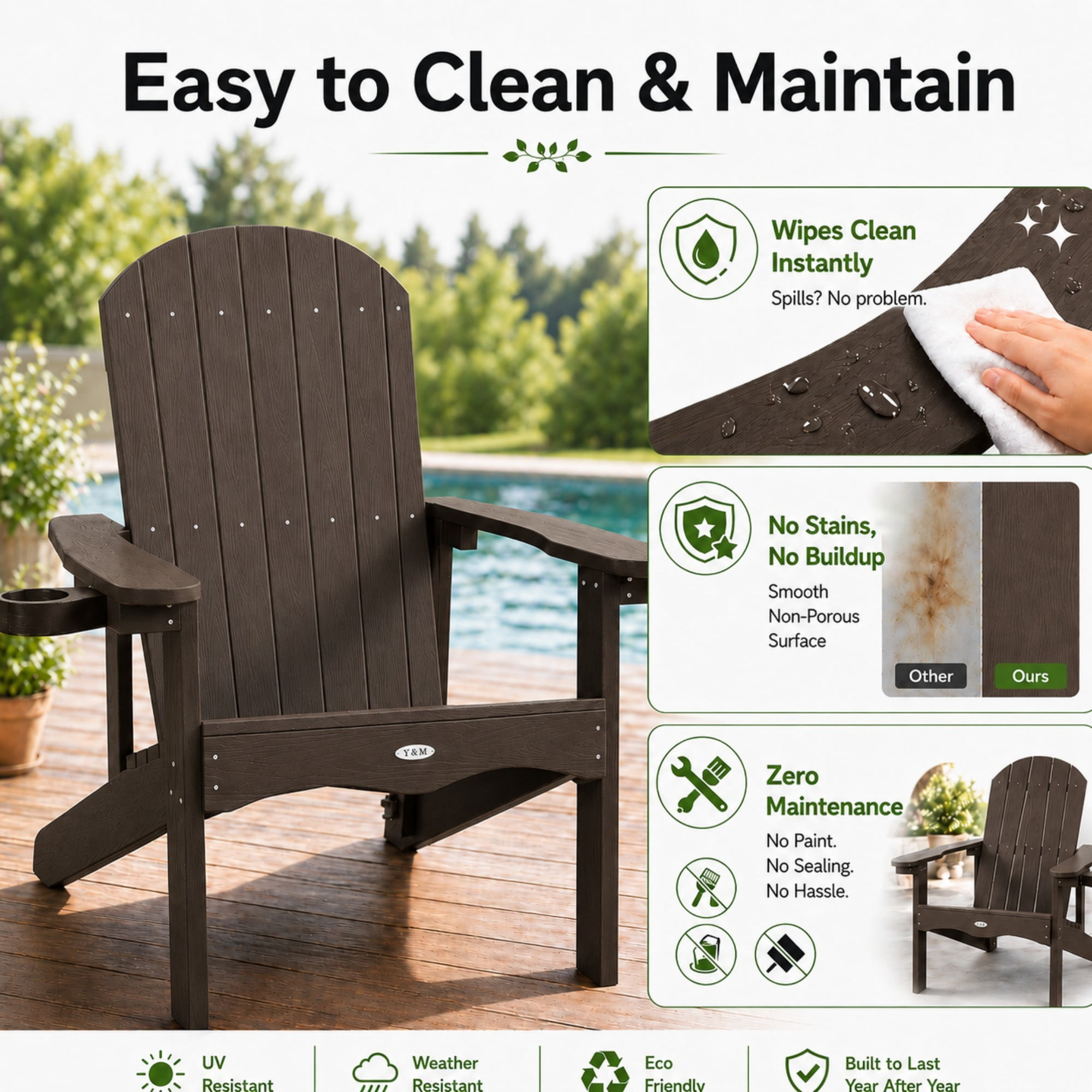 Y&M Adirondack Chair, HDPE Weather Resistant Outdoor Chair with Cup Holder, Dark Brown