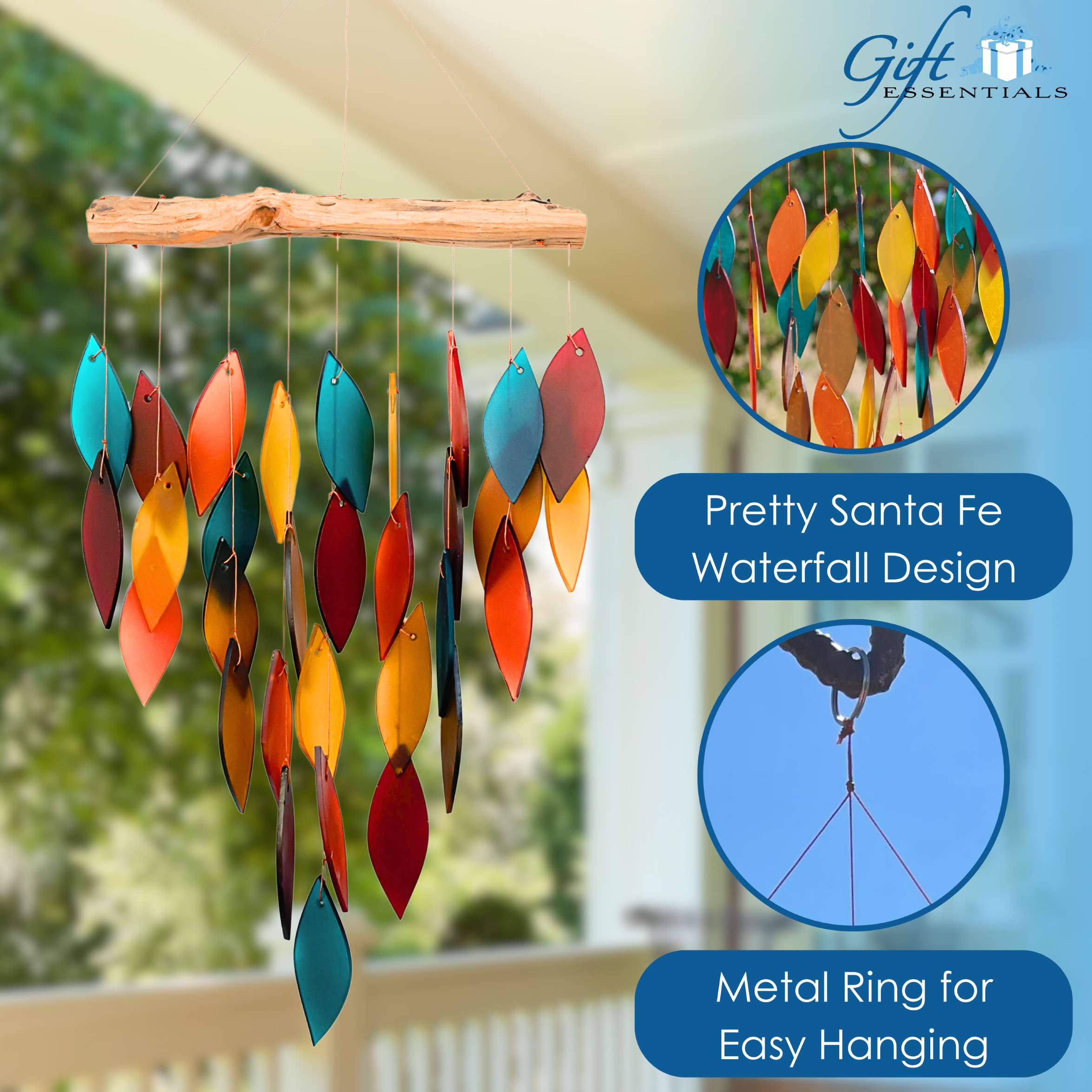 Blue Handworks Santa Fe Waterfall Glass and Driftwood Chime - Sandblasted Glass and Found Wood Handcrafted Wind Chime for Home and Garden