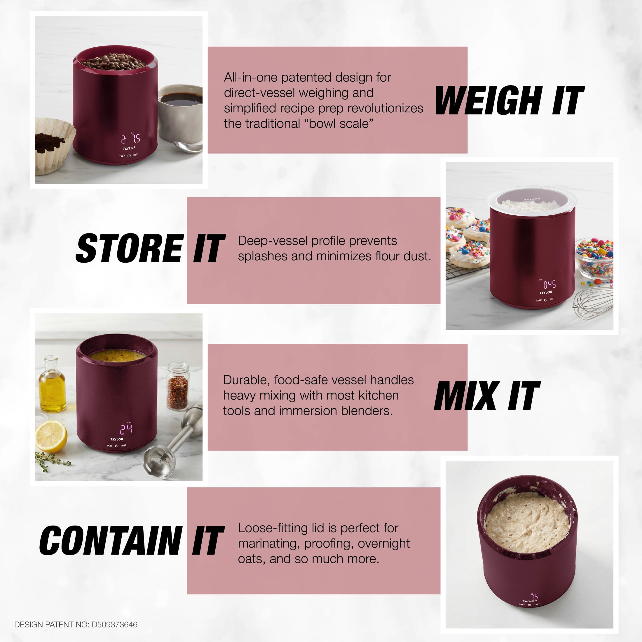 Taylor 4.4 lb USB-C Rechargeable Container Scale with Lid, Digital Food Scale for Recipes, Ruby