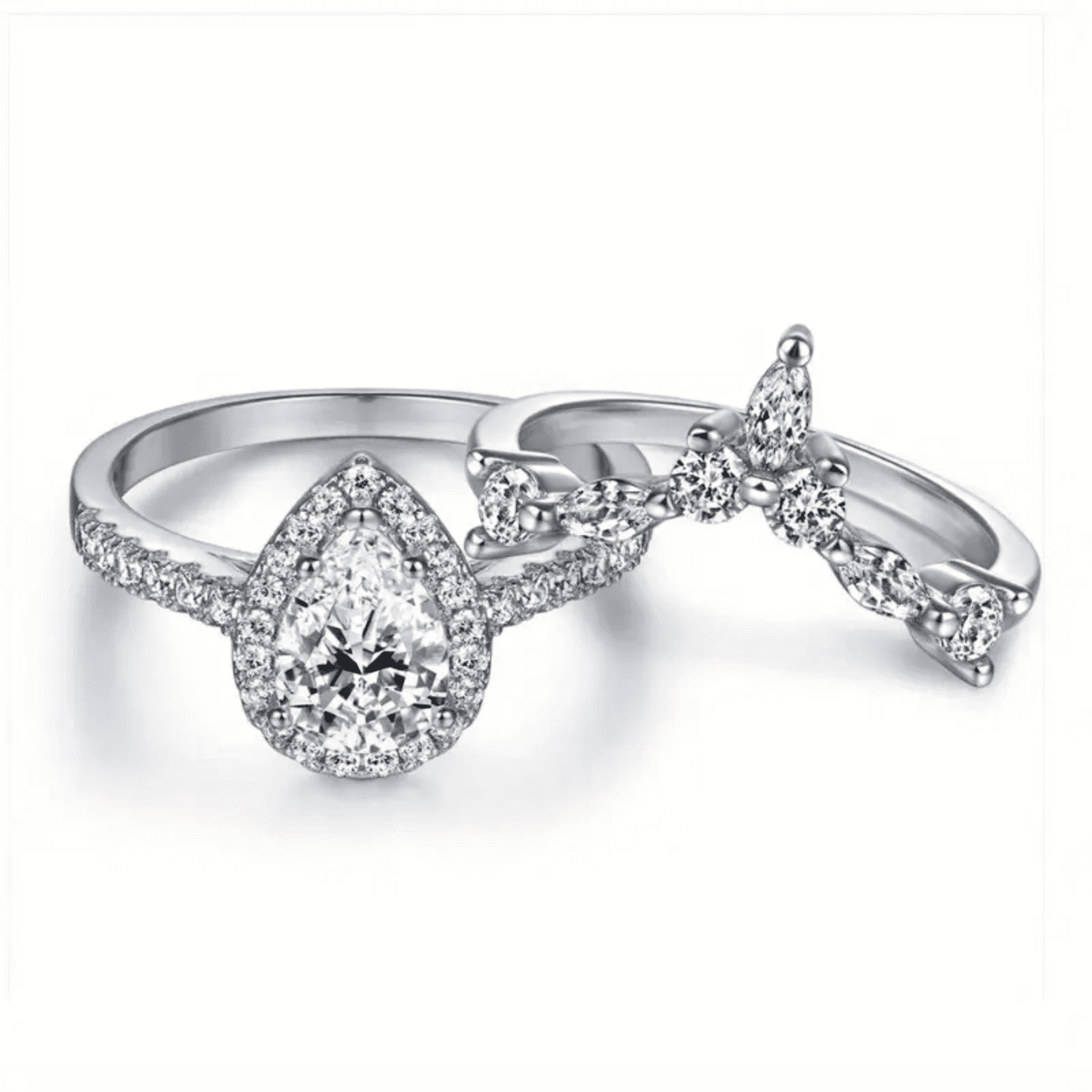SFTING S925 Sterling Silver Eternity 1.5CT Vintage Pear Teardrop Halo Engagement Wedding Rings Set for Women Size 8
