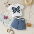 thumbnail image 2 of MEZZALL Toddler Little Girls Fringe & Bow Denim Set 3PCS Short Sleeve Tops + Shorts With Adjustable Waistband Summer Casual Outfits, White, 6-7 Years, 2 of 6