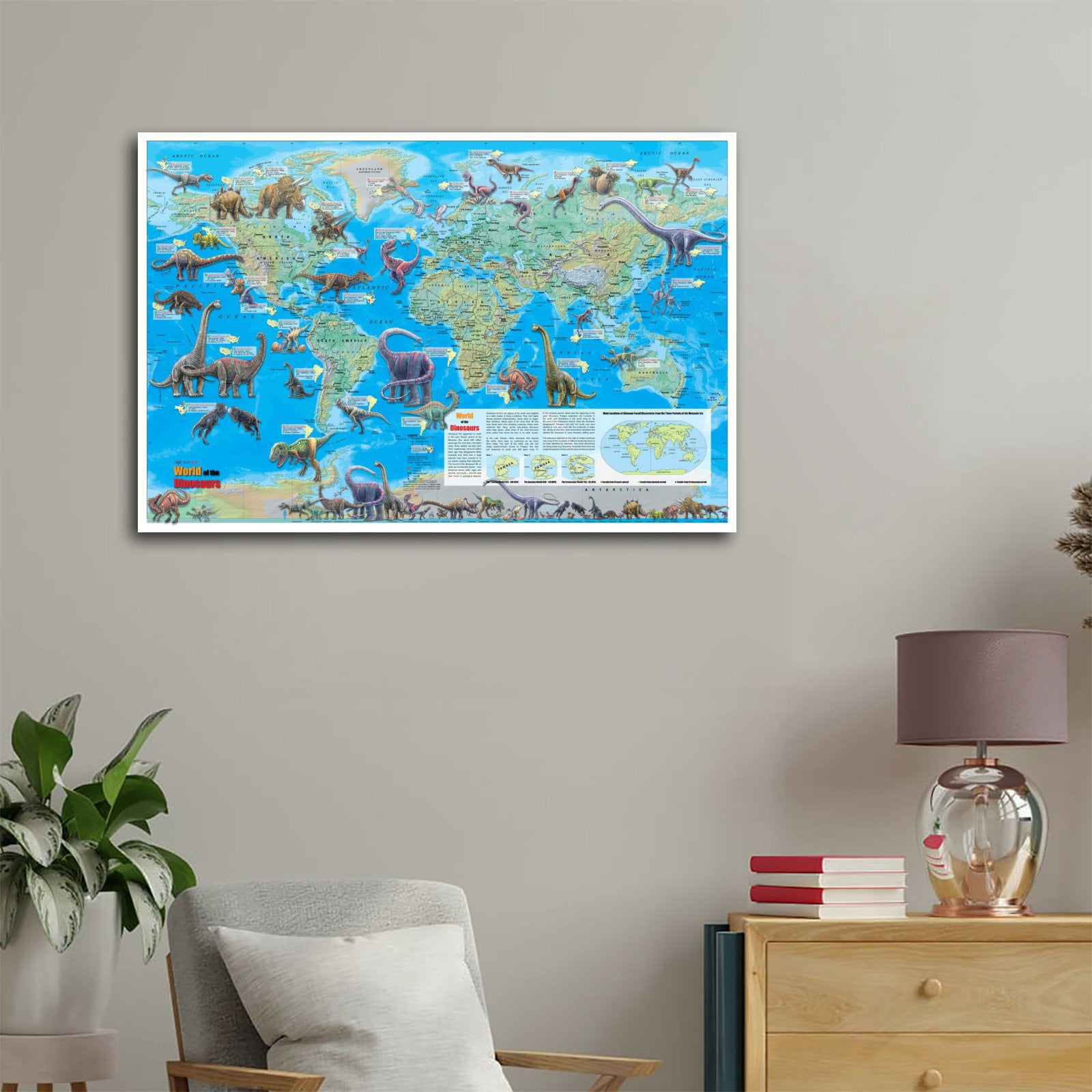 Dinosaur Map of The World Poster Decorative Painting Canvas Wall Art Living Room Posters Bedroom Painting 24x36inch(60x90cm)