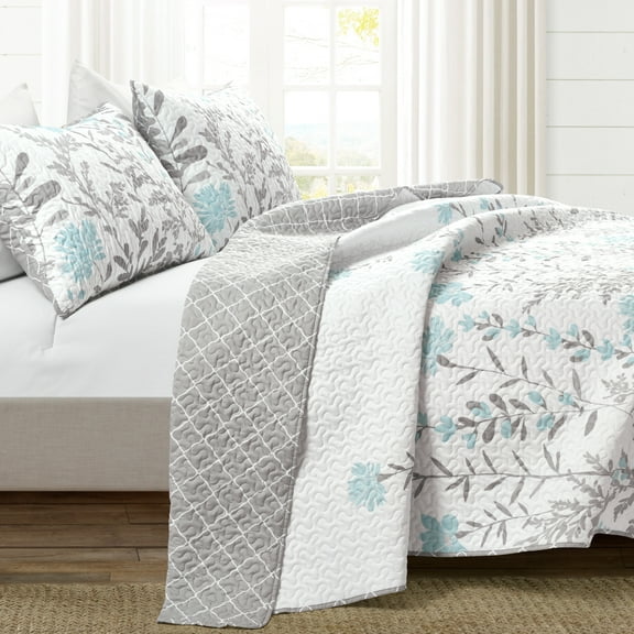 Lush Decor Aprile Soft Reversible Floral Quilt Set, 3 Piece Set, California King, Blue & Gray - Beautiful Floral Bedding Set - California King Quilt - Spring Decor - Cottage & Farmhouse Bedroom Décor
