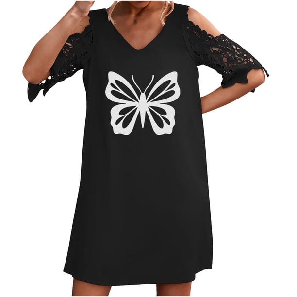 Vestidos de manga corta con hombros descubiertos y encaje con cuello en V estampado sexy de verano para mujer Fridja bnh5476