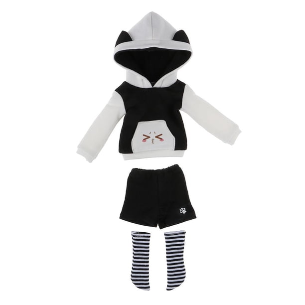 con capucha con de gato, pantalones superiores, calcetines, para 1/6 BJD SD MSD DOD Negro Hugo Traje de ropa de muñecas