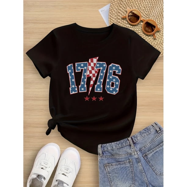 Girls' Patriotic 1776 Graphic T-Shirt - Short Sleeve, Crew Neck, Comfortable Cotton Tee for Casual Wear, Perfect for Independence Celebrations, Fits Ages 6-14, Everyday Comfort Wear