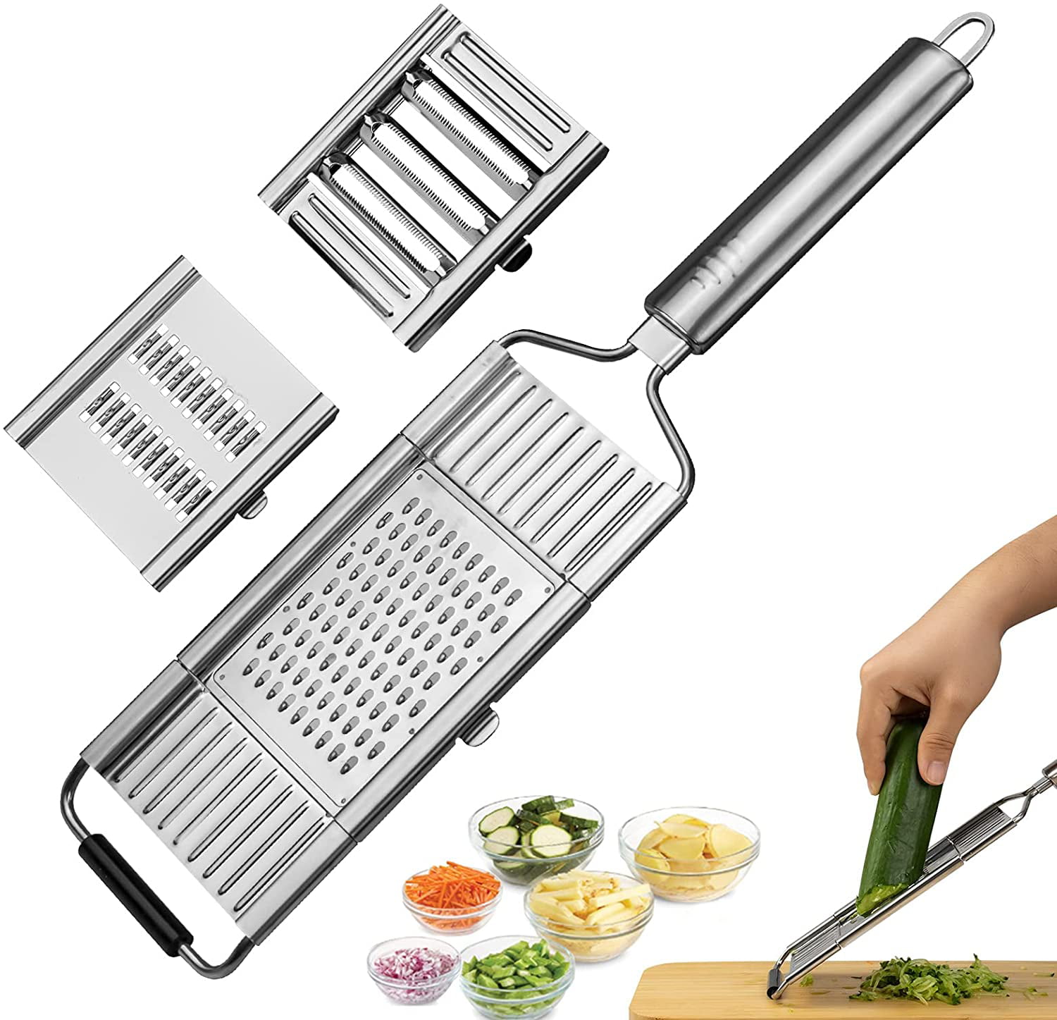 Keyi le Stylish and Easy To Clean Multi-Purpose Stainless Steel Manual Rotary Cheese Grater Slicer with 3 Interchanging Drums 