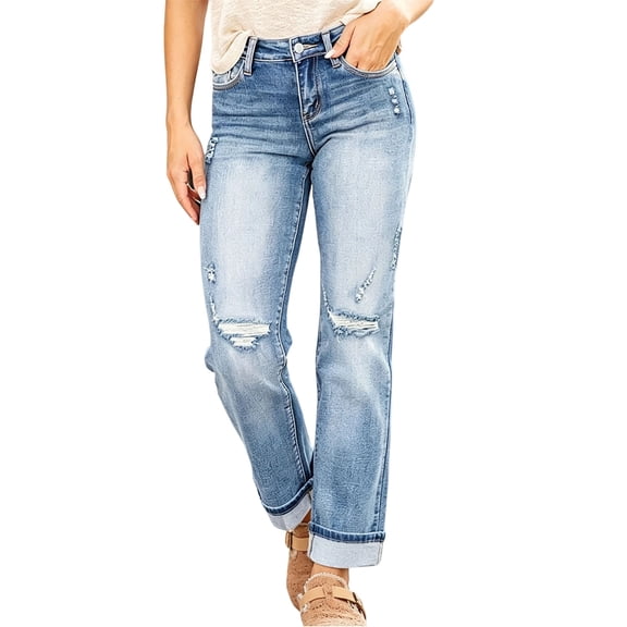 JUUNthy Women's Ripped Jeans, Straight Leg Roll‑Up Hem High Waist Casual Denim Pants with Pockets Sky Blue 2XL