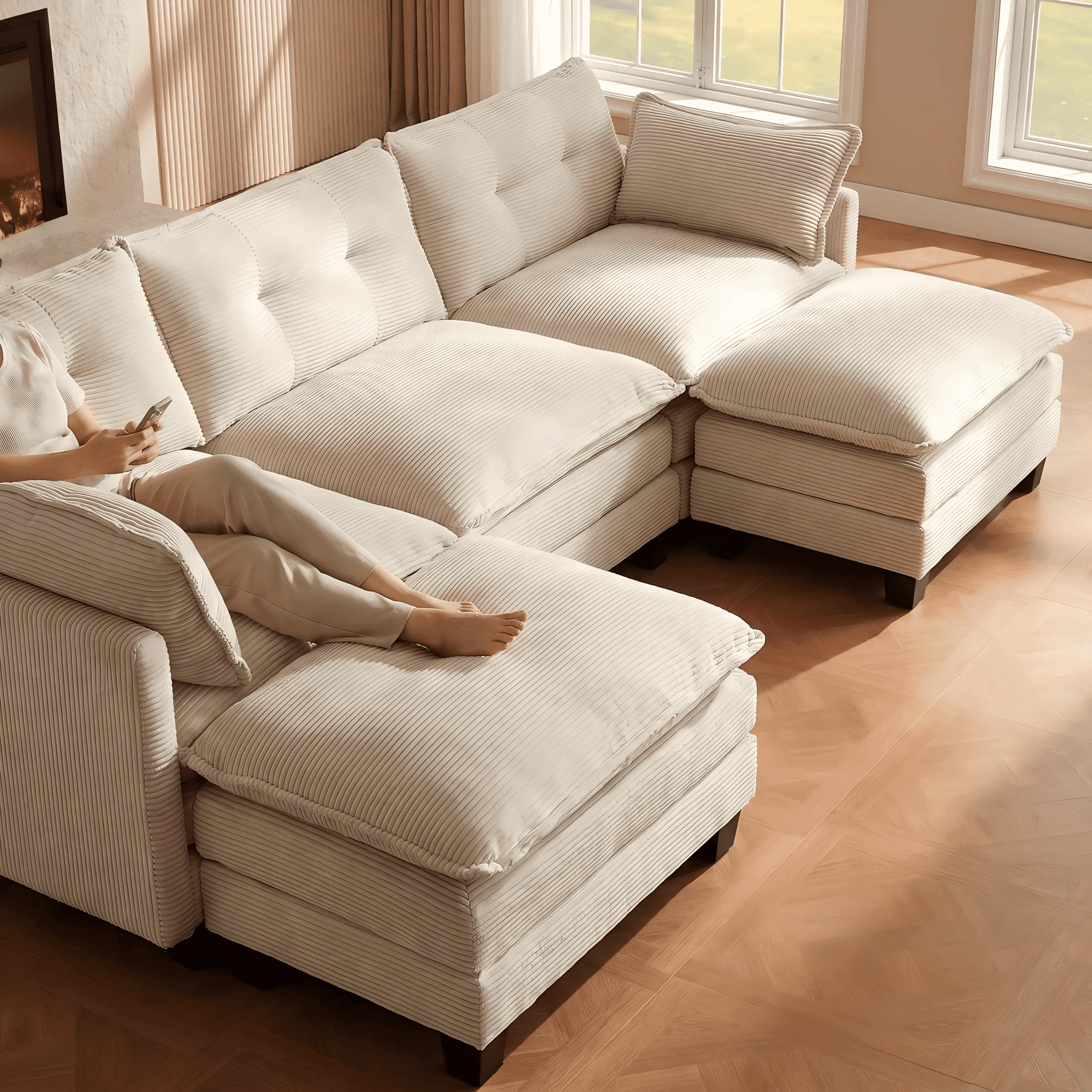 Amsleekey 111.5" Modular Sectional Sofa with 2 Movable Ottomans, U-Shaped Corduroy Cloud Couch for Living Room, Super Comfy 3-Seat Daybed Bed, Beige