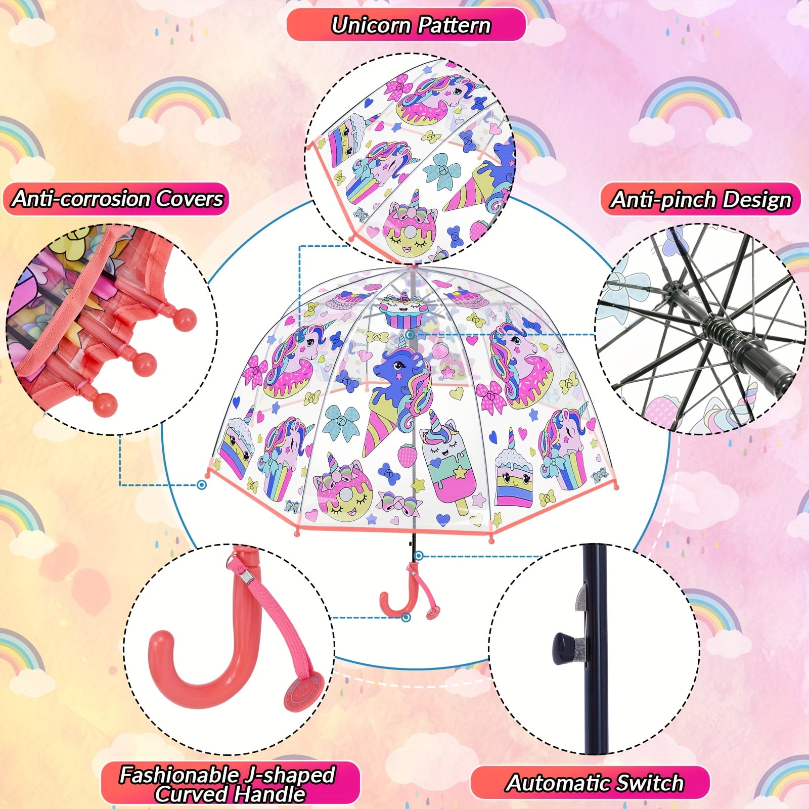 Room Decor 2pcs Outus Transparent Unicorn Bubble Umbrellas, Easy Grip Curved Handle, Water-Repellent, for Toddlers boys girls