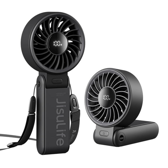 JISULIFE Portable Handheld Fan, 5000mAh Mini Desk Fan 19.5H Max Cooling Time, 5-Speed, LED Display , Neck Fan for Travel Concerts, Christmas Gifts for Women- Black