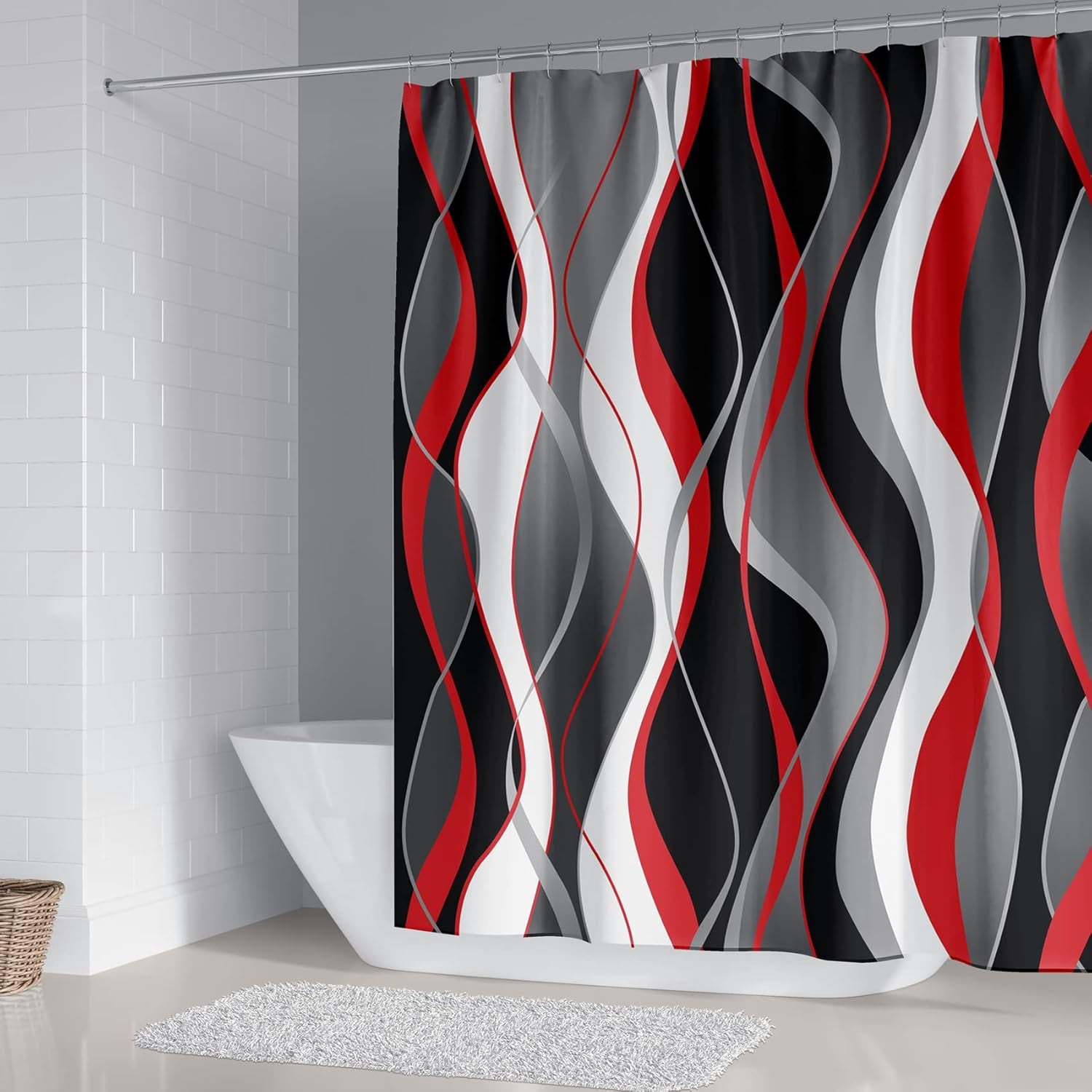 4Pcs Pink Shower Curtain Sets with Non-Slip Rugs, Toilet Lid Cover and Bath Mat, Black and Gray Bathroom Decor Set Accessories Fabric Waterproof Shower Curtains with 12 Hooks, 72 x 76 Inch