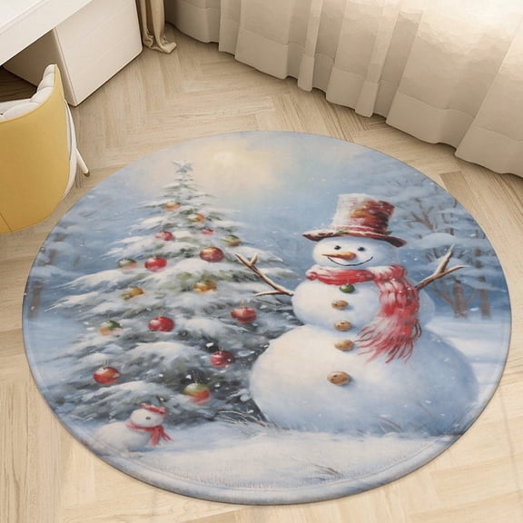 Winter Snowman Christmas Tree Round Area Rugs for Bedroom Living Room, 4FT Soft Indoor Circle Carpets, Carpet Home Decor Floor Mat