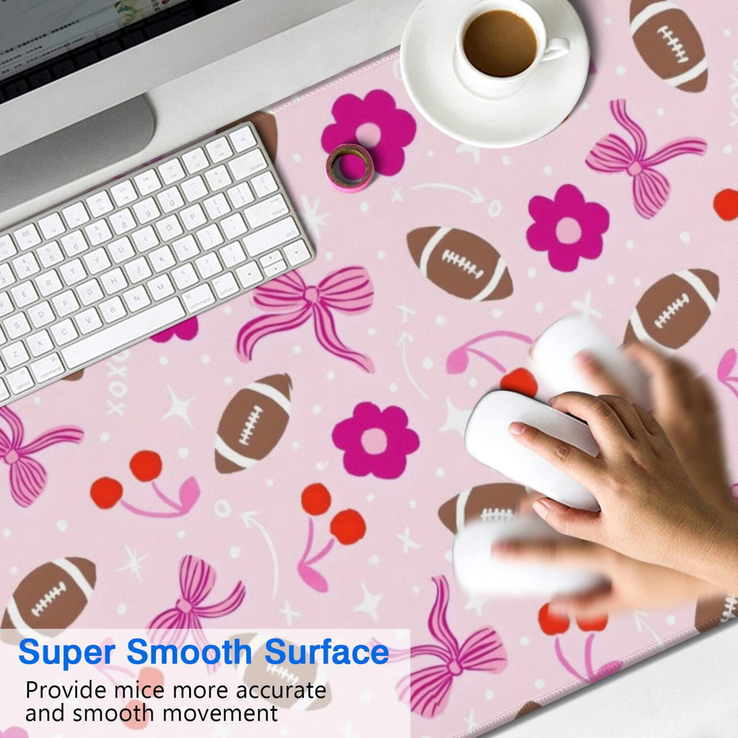 Long Mouse Pads for Desk,Pink Football and Flowers Pattern Desk Mats on Top Of Desks, Desk Mouse Pad Extra Large with 3mm Non-Slip Base and Stitched Edge for Gaming,Office,Work,Home 47.3"x23.6"
