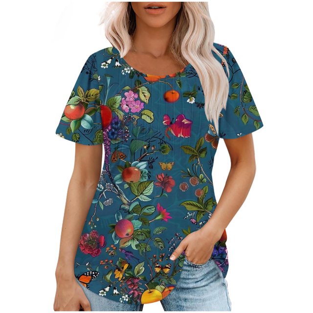 Hauts d'Été à Manches Courtes Femme Mode 2024 Blouses Plissées Chic Décontractées Col Ras du Cou T-Shirts de Couleur Unie (Petit, Multicolore)