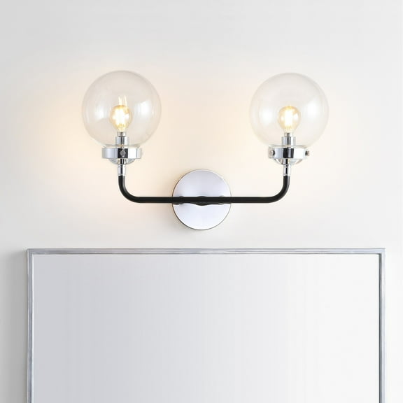 JONATHAN Y Caleb 18" 2-Light Contemporary Transitional Iron/Glass LED Vanity Light, Chrome/Black