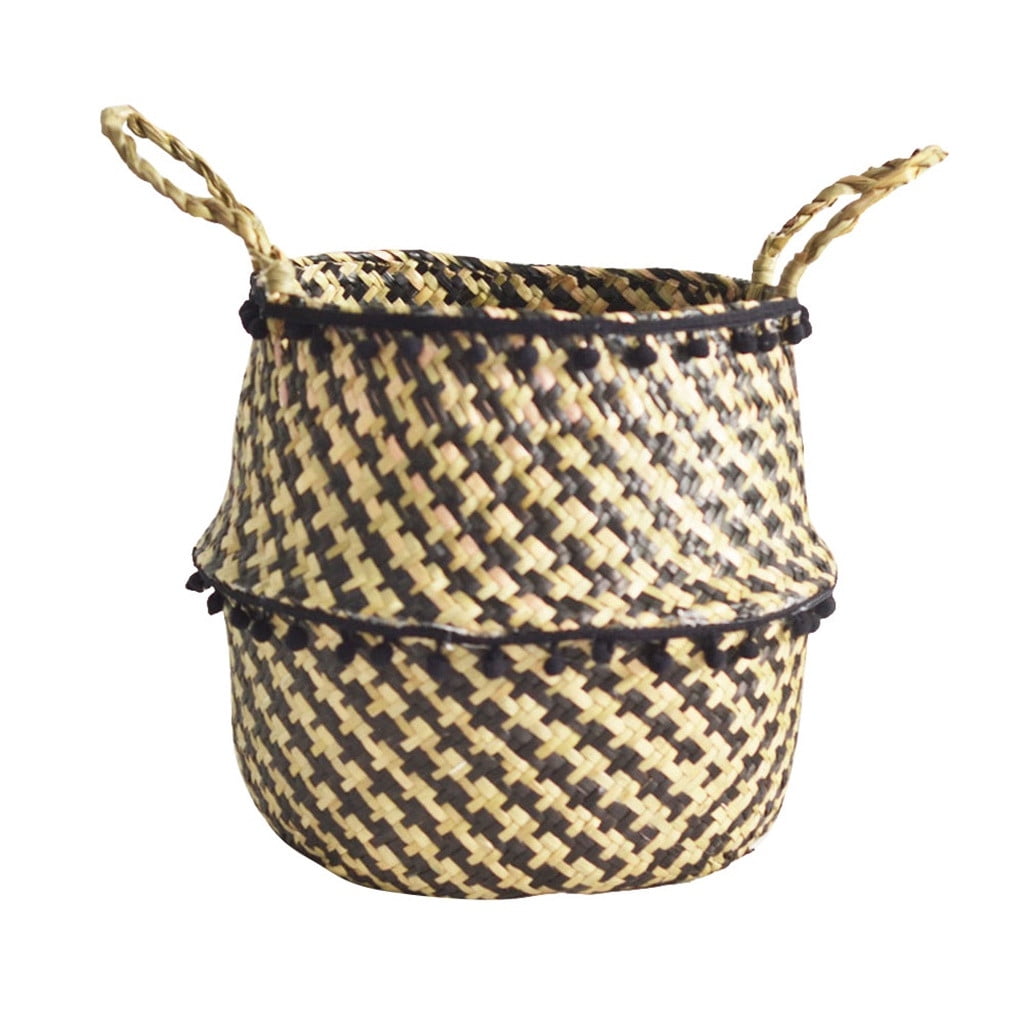 mnjin seagrass wicker basket flower pot folding basket basket storage decoration black