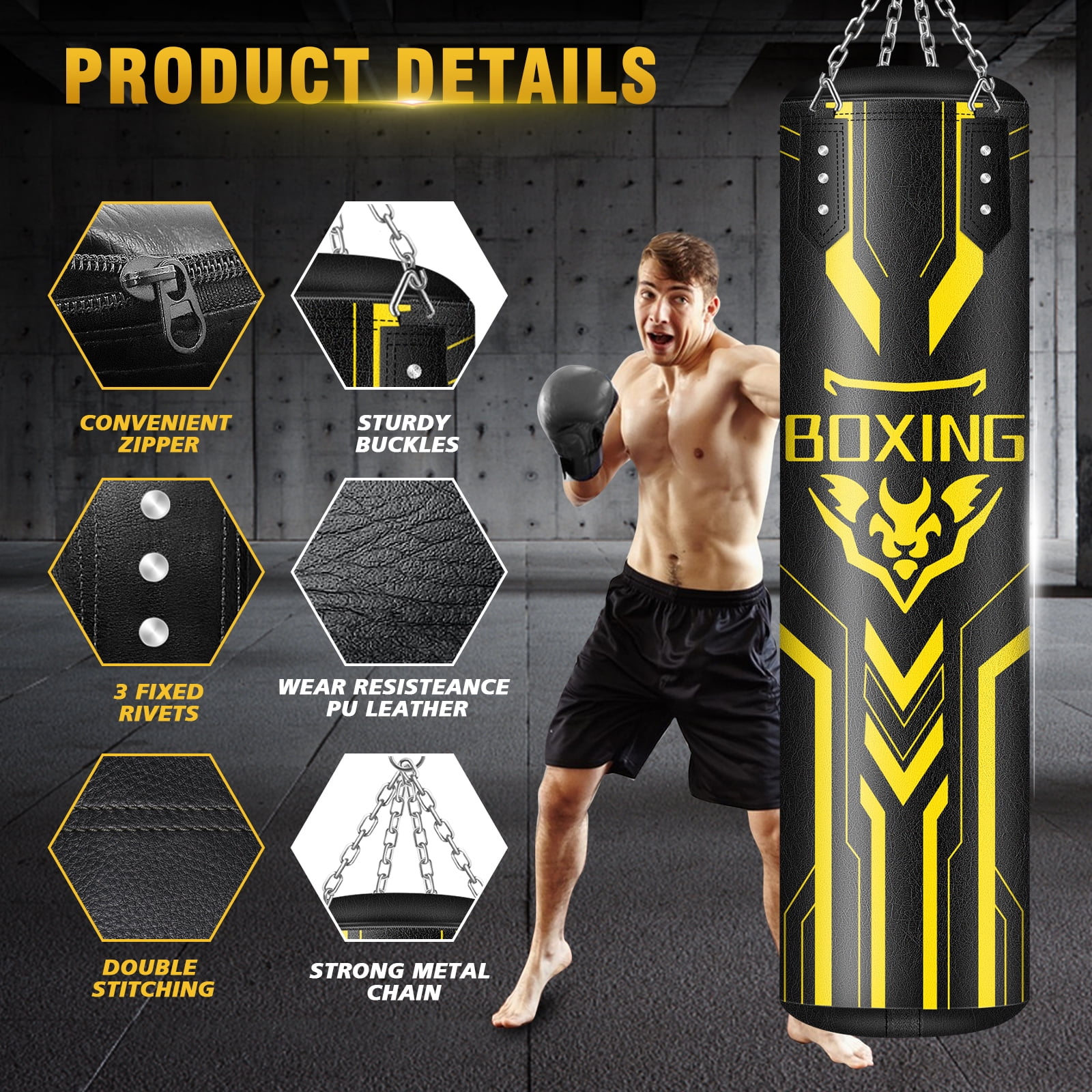 YORWHIN Hanging Punching Bag for Adults, 4FT PU Heavy Boxing Bags with Chain Ceiling Hook, Boxing Training Equipment for Training Muay Thai Karate Kickboxing Taekwondo Home Gym,Unfilled