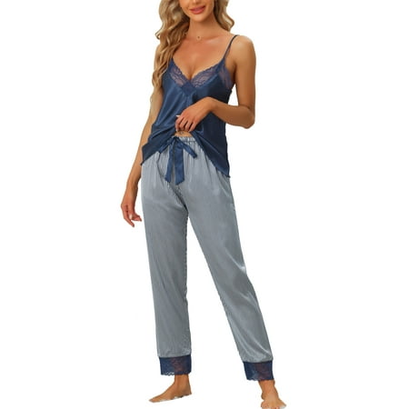 

Unique Bargains Womens Satin Stripe Lace Trim Tops with Pants Pajamas Sleepwear Sets