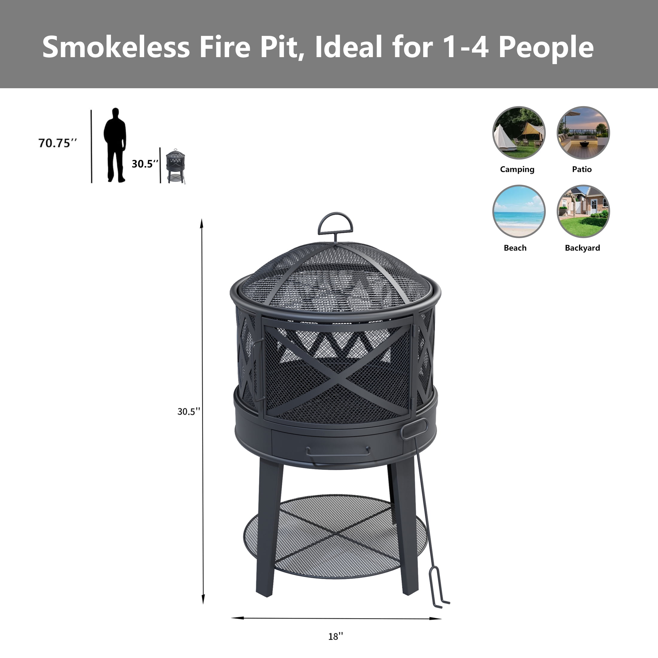 Outdoor 18" Mini Wood Burning Fireplace with Poker ,Fire Pit with Round Grill Top for BBQ,Black