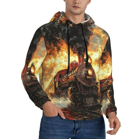 Men's Hoodie Pullover Casual Hooded Sweatshirt 3D, Retro Steam Train Vintage
