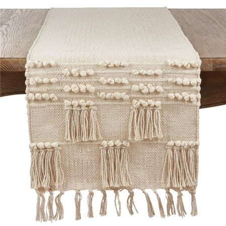 

SARO Table Runner Cloth with Tassel & Moroccan Design Ivory
