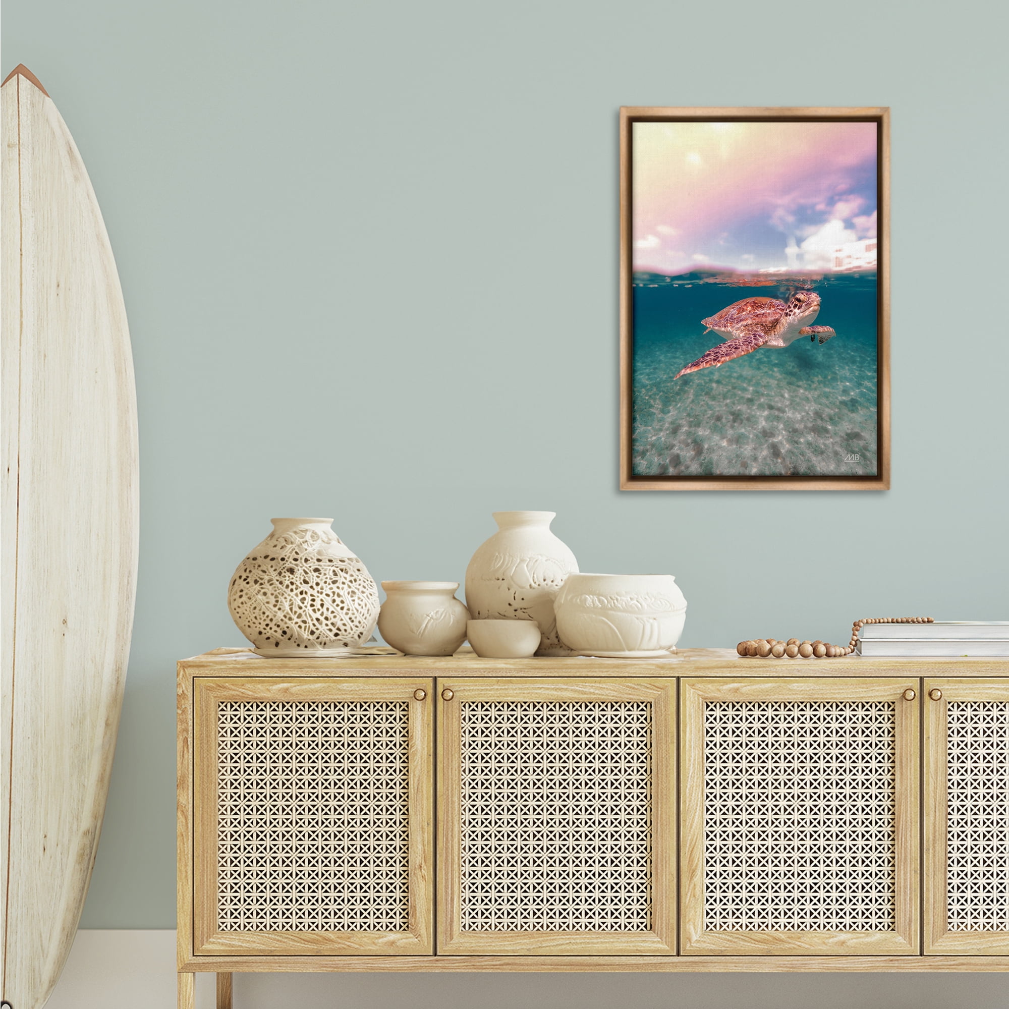 Stupell Industries Above & Below Sea Turtle Animals Photography Brown Floater Framed Canvas Art Print Wall Art, 21 x 31