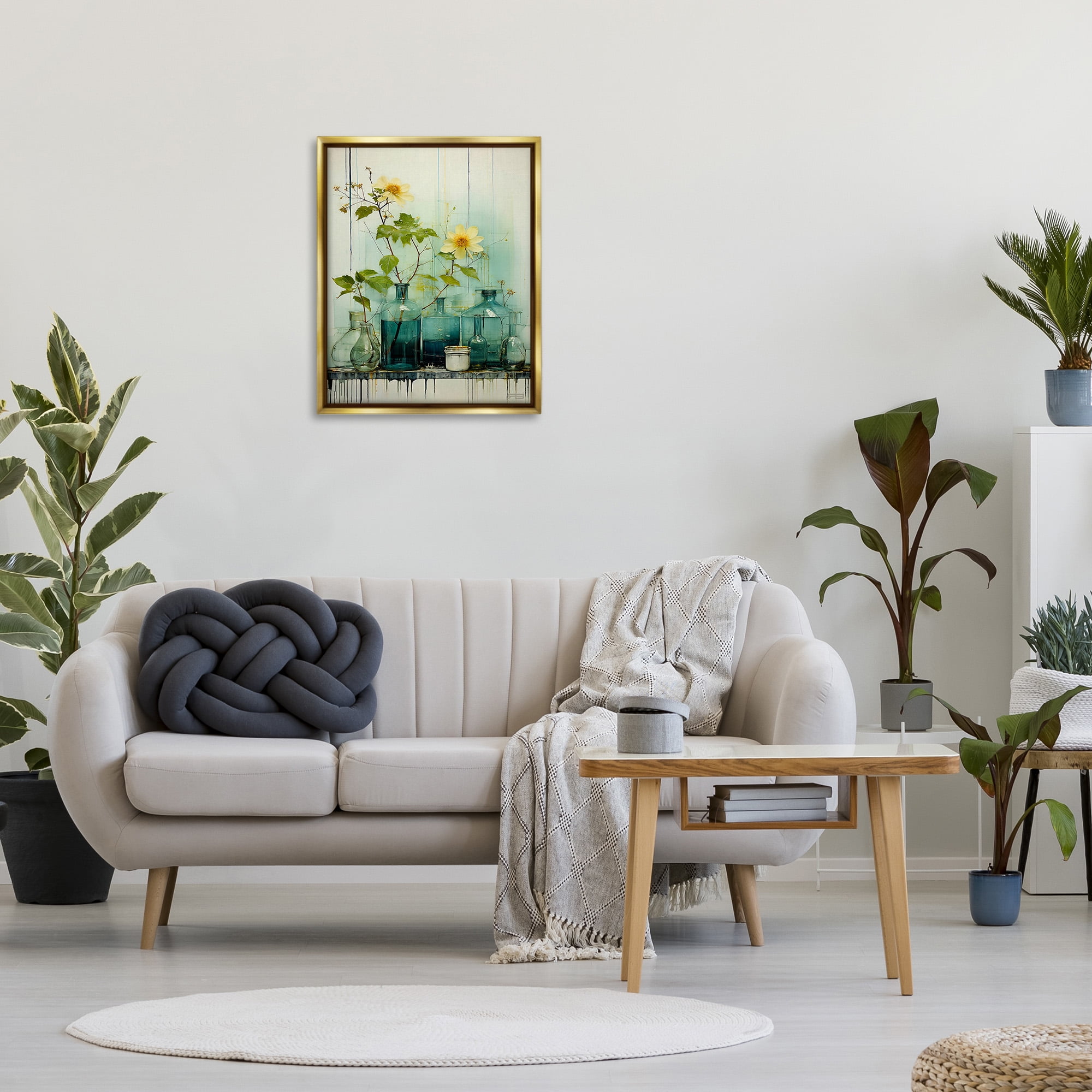 Stupell Industries Modern Jars & Florals Botanical & Floral Painting Gold Floater Framed Canvas Art Print Wall Art, 25 x 31