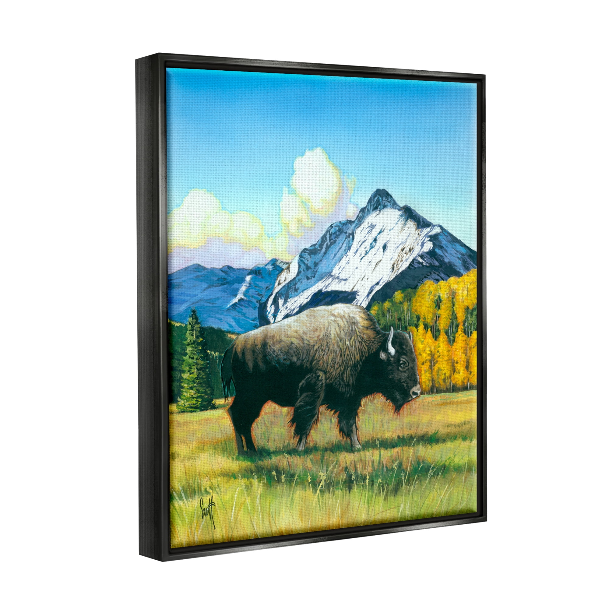Stupell Industries Bison Rural Mountain Painting Animals & Insects Painting Black Floater Framed Art Print Wall Art, 17 x 21