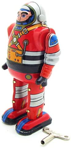 2 ASTRONAUT SPACE TOYS CLOCKWORK TIN TOYS RED & BLUE SPACEMEN COLLECTABLE 13cm 